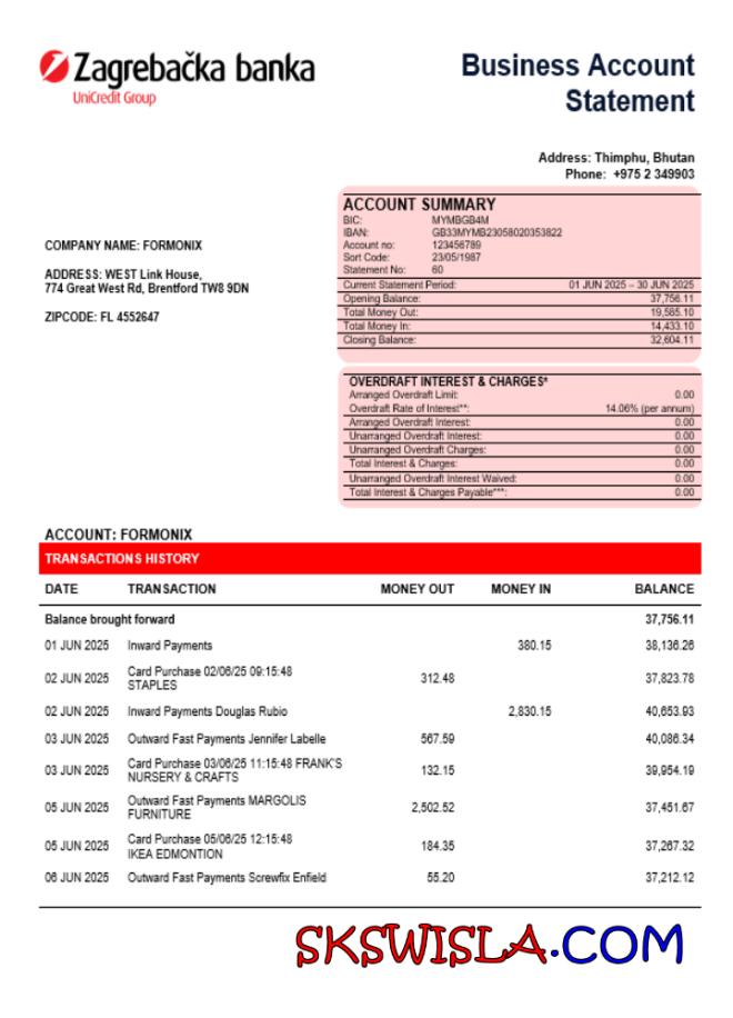 Croatian Zagrebačka Bank business firm account statement, Word and PDF template